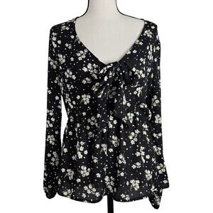 Lush Blouse Women Small Black Floral Tie Front Long Sleeve Peplum Cottagecore